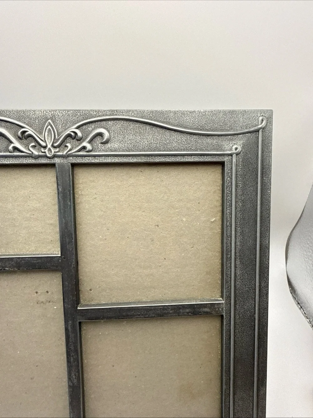 VTG Pewter Frame 9”x9.5” Hold 5 Photos 2- 2x 1.5 & 2- 2 3/8 x 1.75 1- 4x3 Scroll